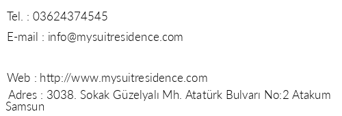 My Suit Residence telefon numaralar, faks, e-mail, posta adresi ve iletiim bilgileri